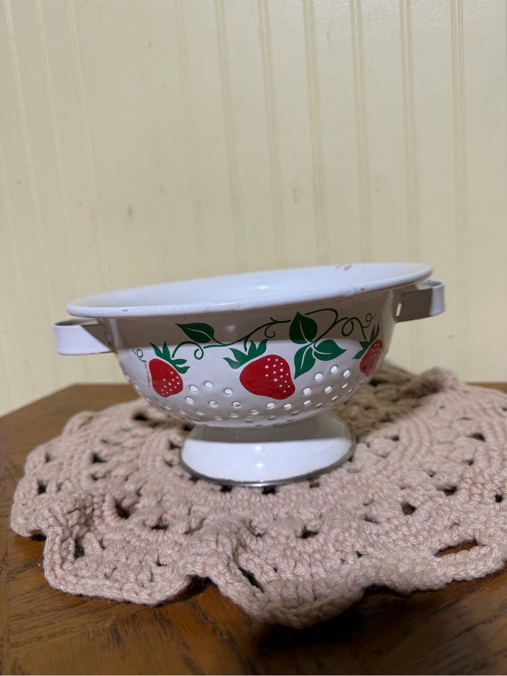White Enamel Colander with Red Strawberry Design